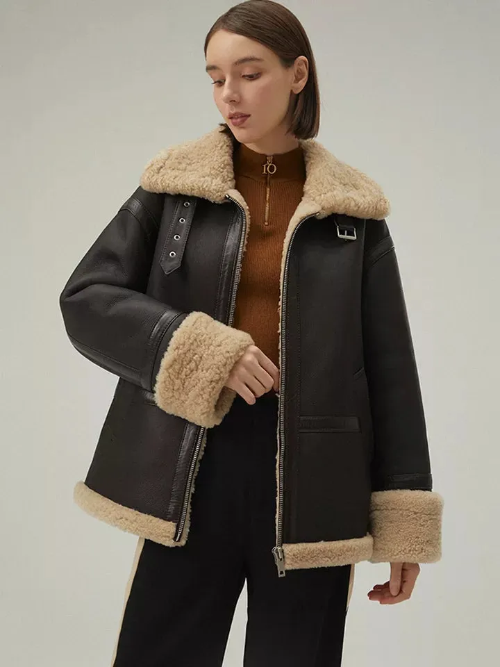 Women’s Matte Black Leather Shearling Big Collar Fur Coat