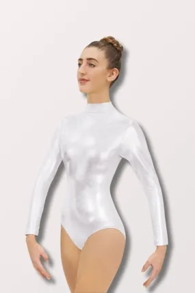 Women's Metallic Mock Neck Long Sleeve Leotard with Zipper Back - Silver