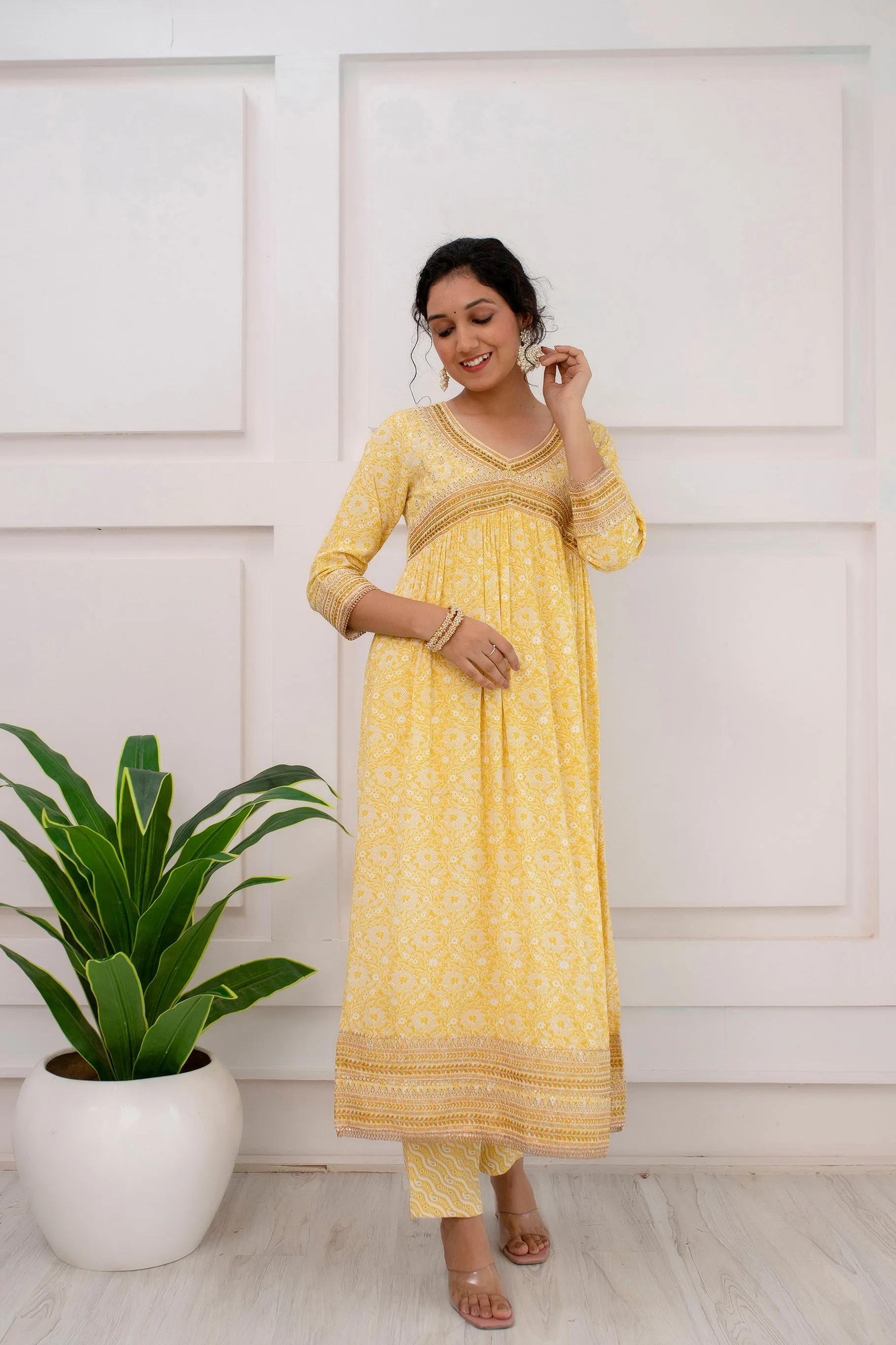 Womens Rayon Yellow Alia Cut A-line Kurta Pant and Dupatta With Fancy Potli Set