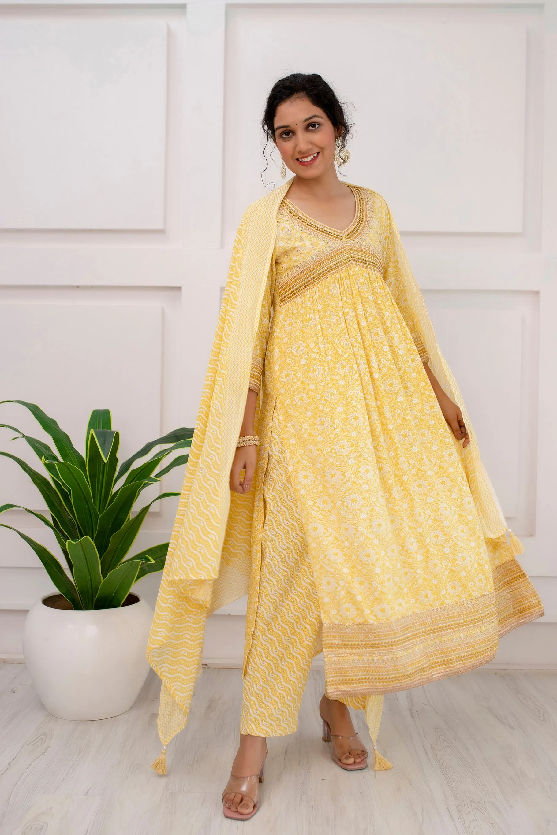 Womens Rayon Yellow Alia Cut A-line Kurta Pant and Dupatta With Fancy Potli Set