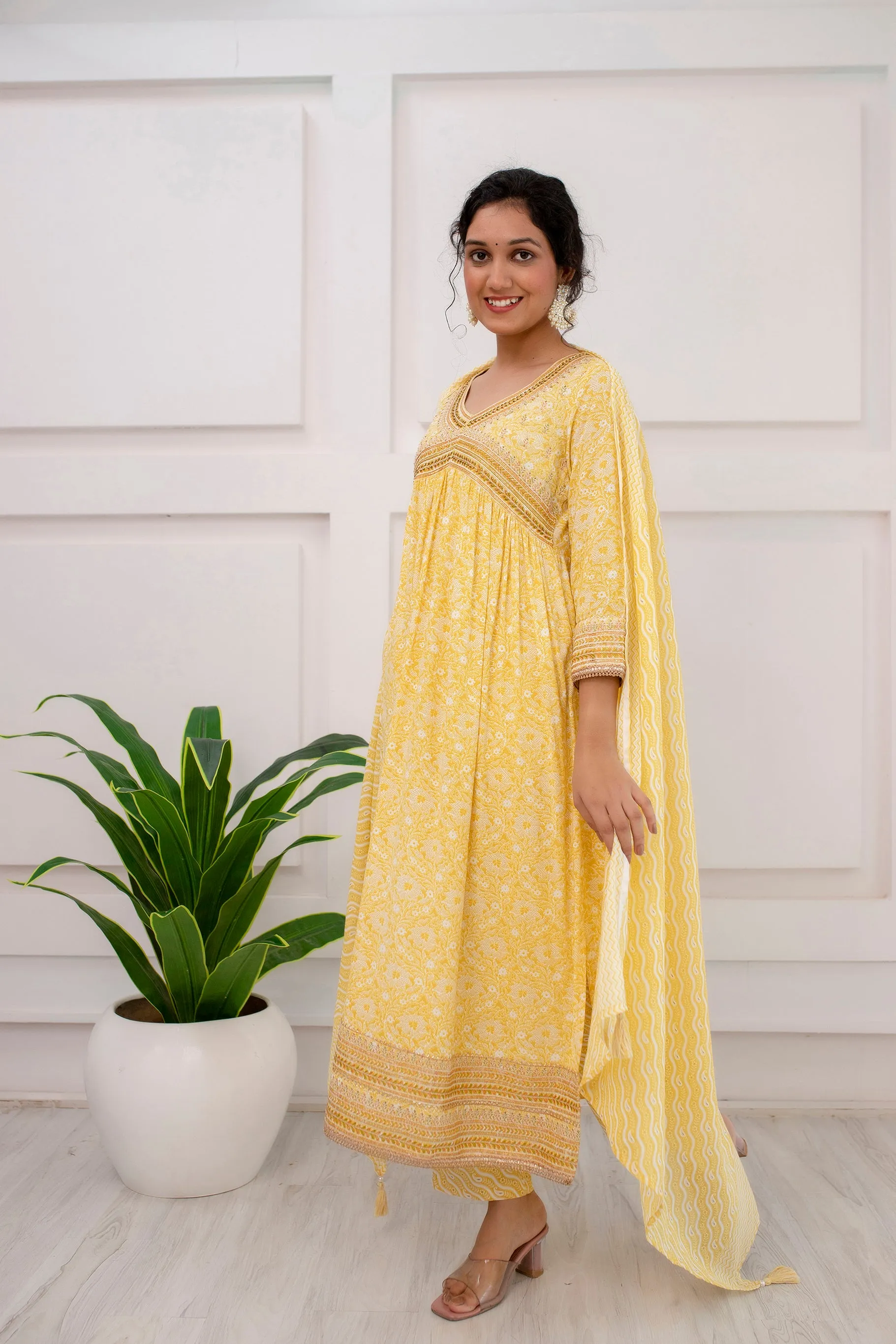 Womens Rayon Yellow Alia Cut A-line Kurta Pant and Dupatta With Fancy Potli Set