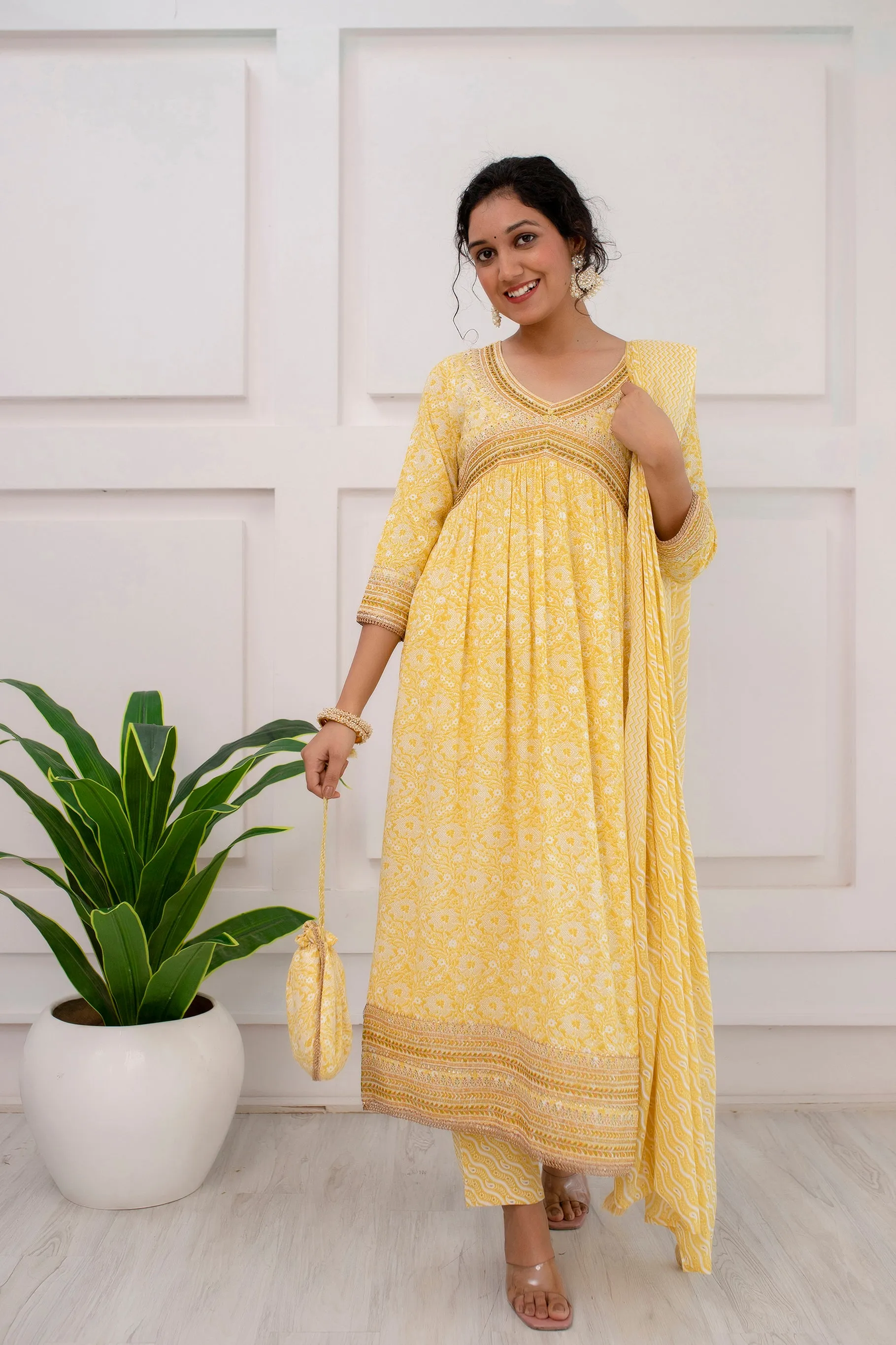 Womens Rayon Yellow Alia Cut A-line Kurta Pant and Dupatta With Fancy Potli Set