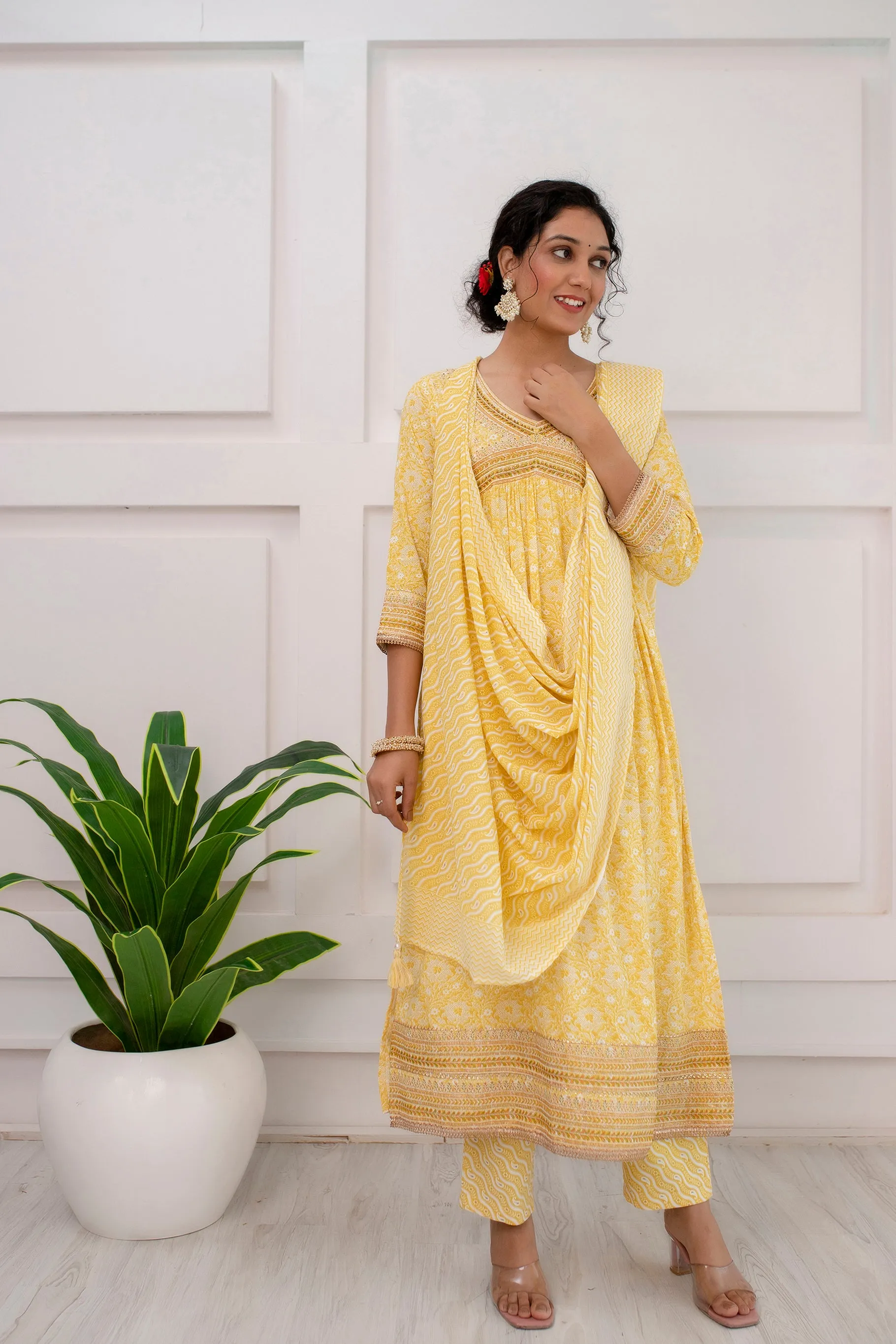 Womens Rayon Yellow Alia Cut A-line Kurta Pant and Dupatta With Fancy Potli Set