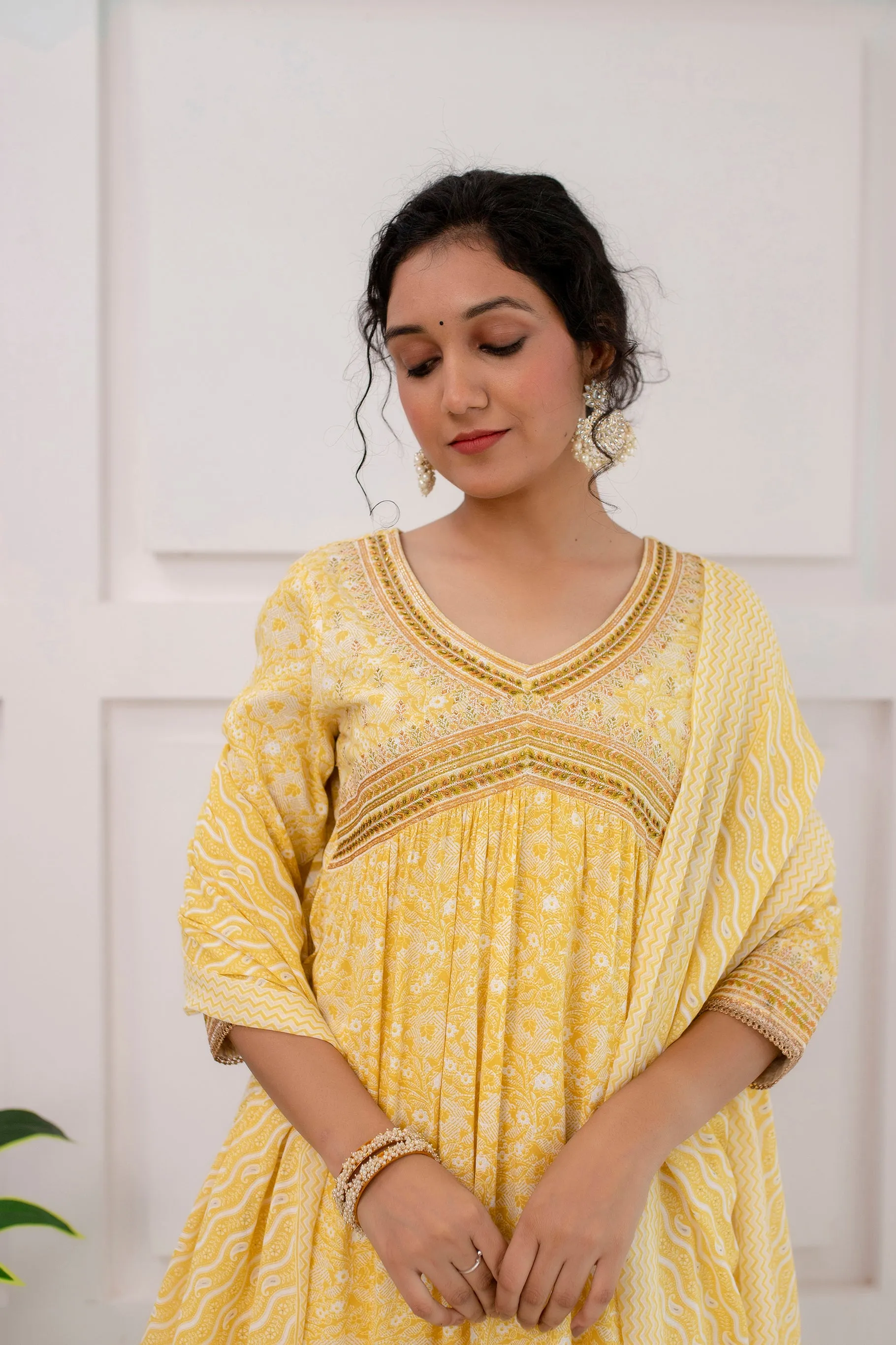 Womens Rayon Yellow Alia Cut A-line Kurta Pant and Dupatta With Fancy Potli Set