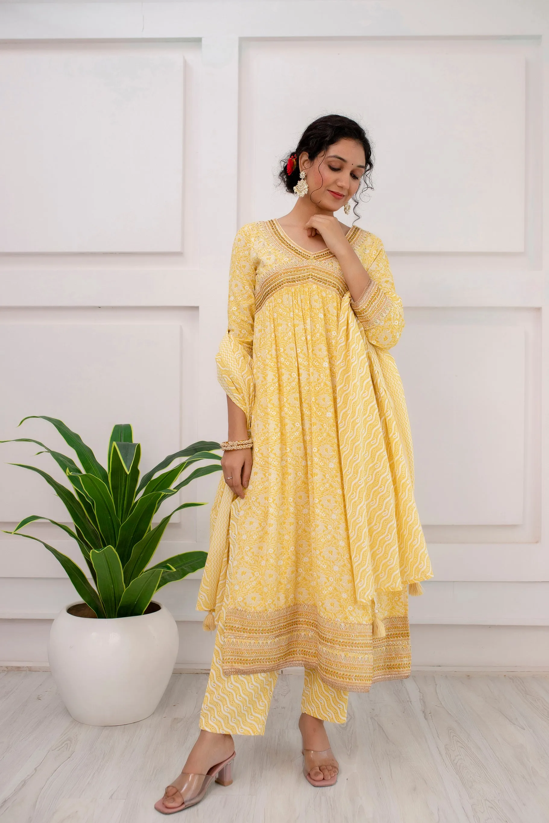 Womens Rayon Yellow Alia Cut A-line Kurta Pant and Dupatta With Fancy Potli Set