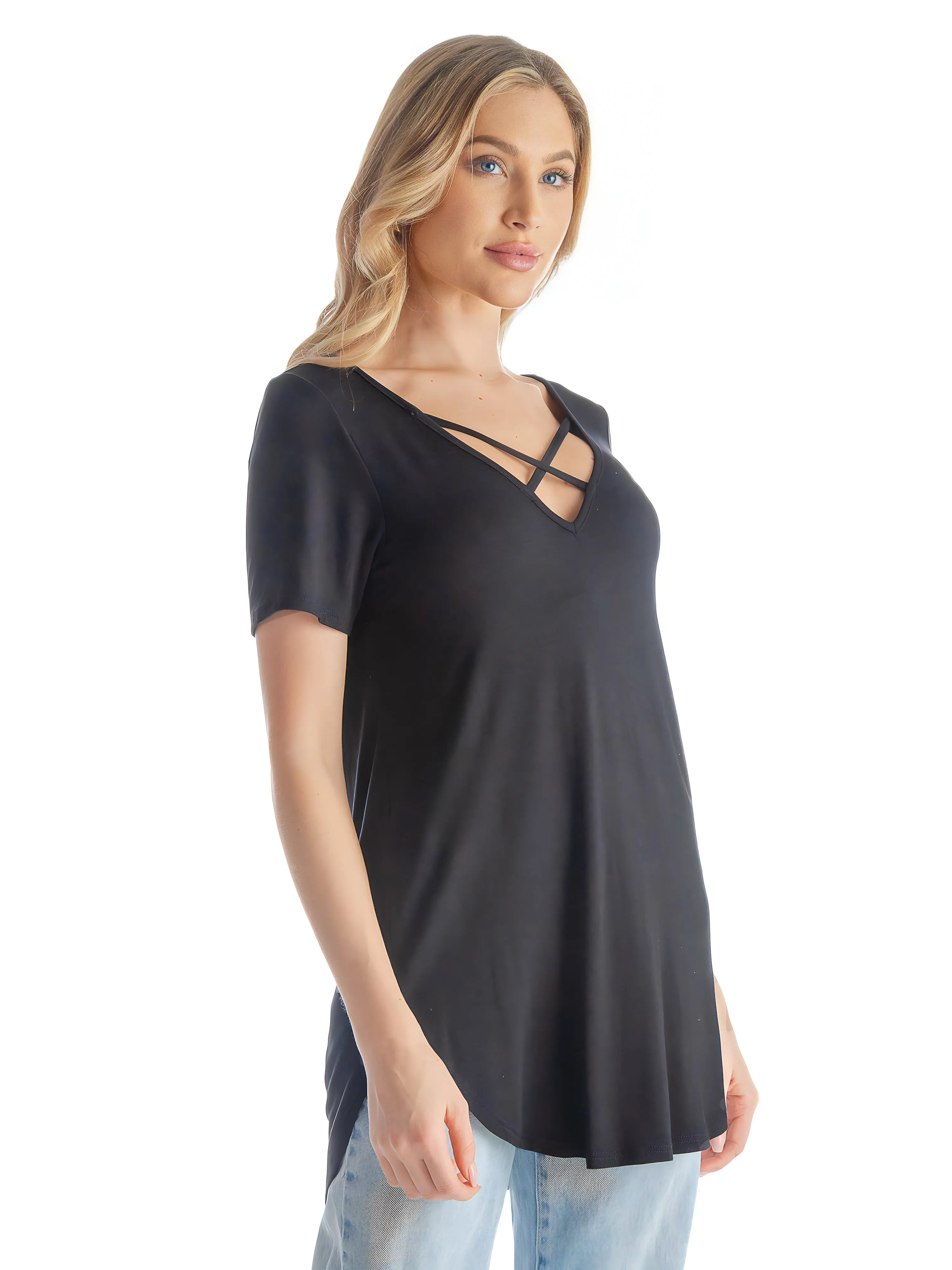 Womens V Neck Criss Cross Neckline T Shirt Tunic Top