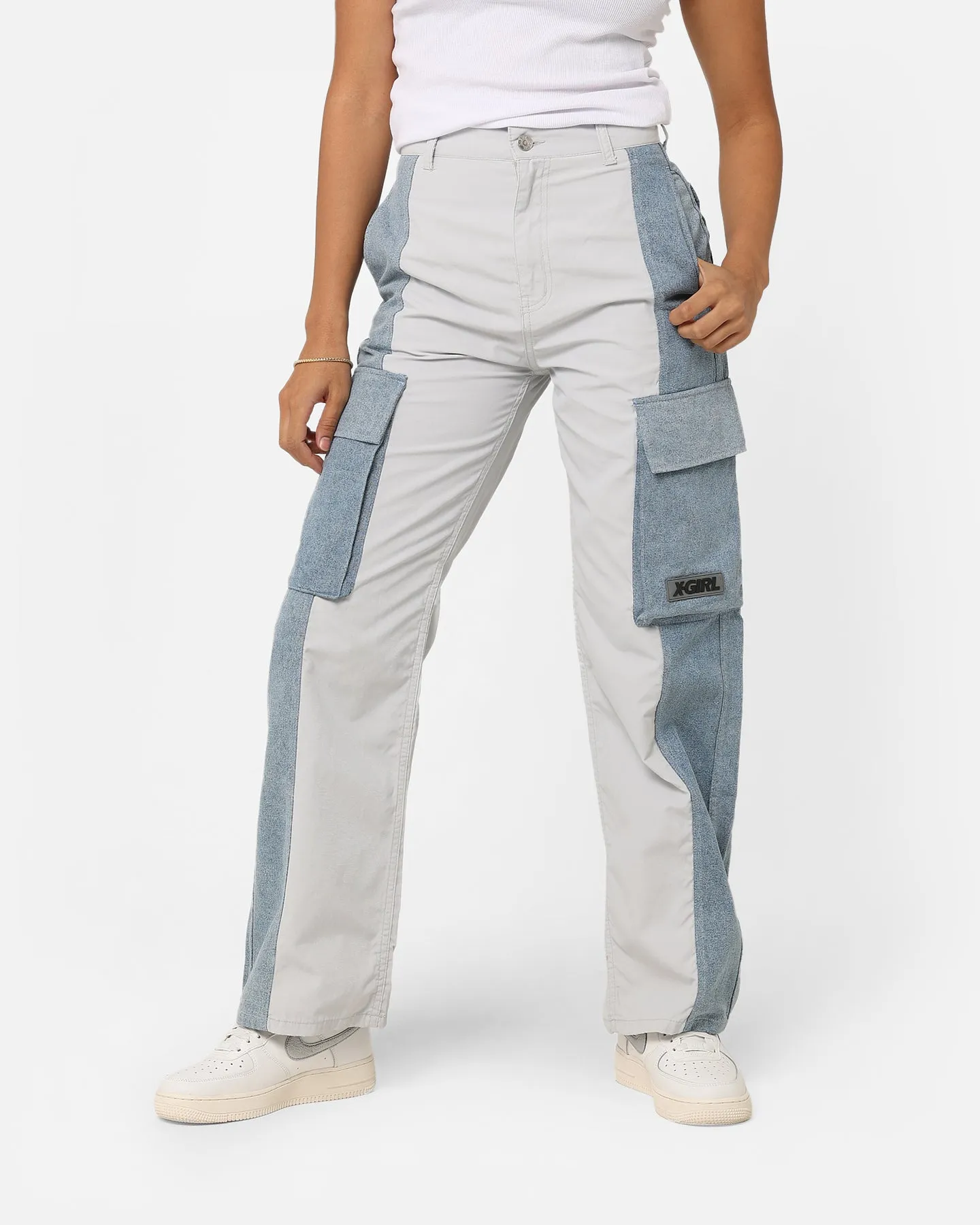 X-Girl Women's Denim Mixed Pants Light Grey