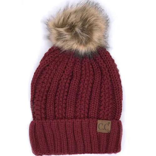 YJ-820 SHERPA LINED BEANIE W/FAUX FUR POM - MAROON